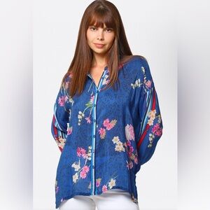 Johnny Was Willowa Lauren Button Up Shirt Floral Womens XLSemi Sheer Blue